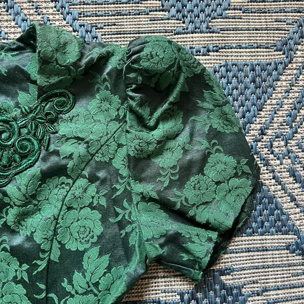 Vintage 80s emerald coquette Jessica McClintock girls puff sleeve jacquard dress